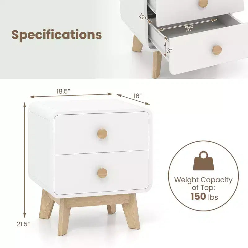 Comodino Moderno Mid-Century Bianco con 2 Cassetti, 1 o 2 Pezzi