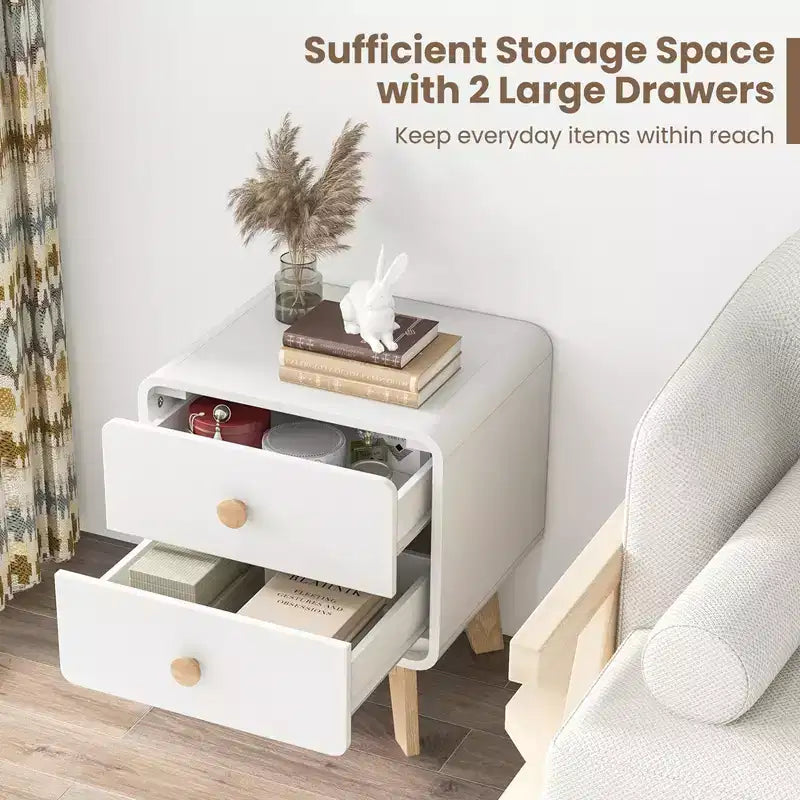 Comodino Moderno Mid-Century Bianco con 2 Cassetti, 1 o 2 Pezzi